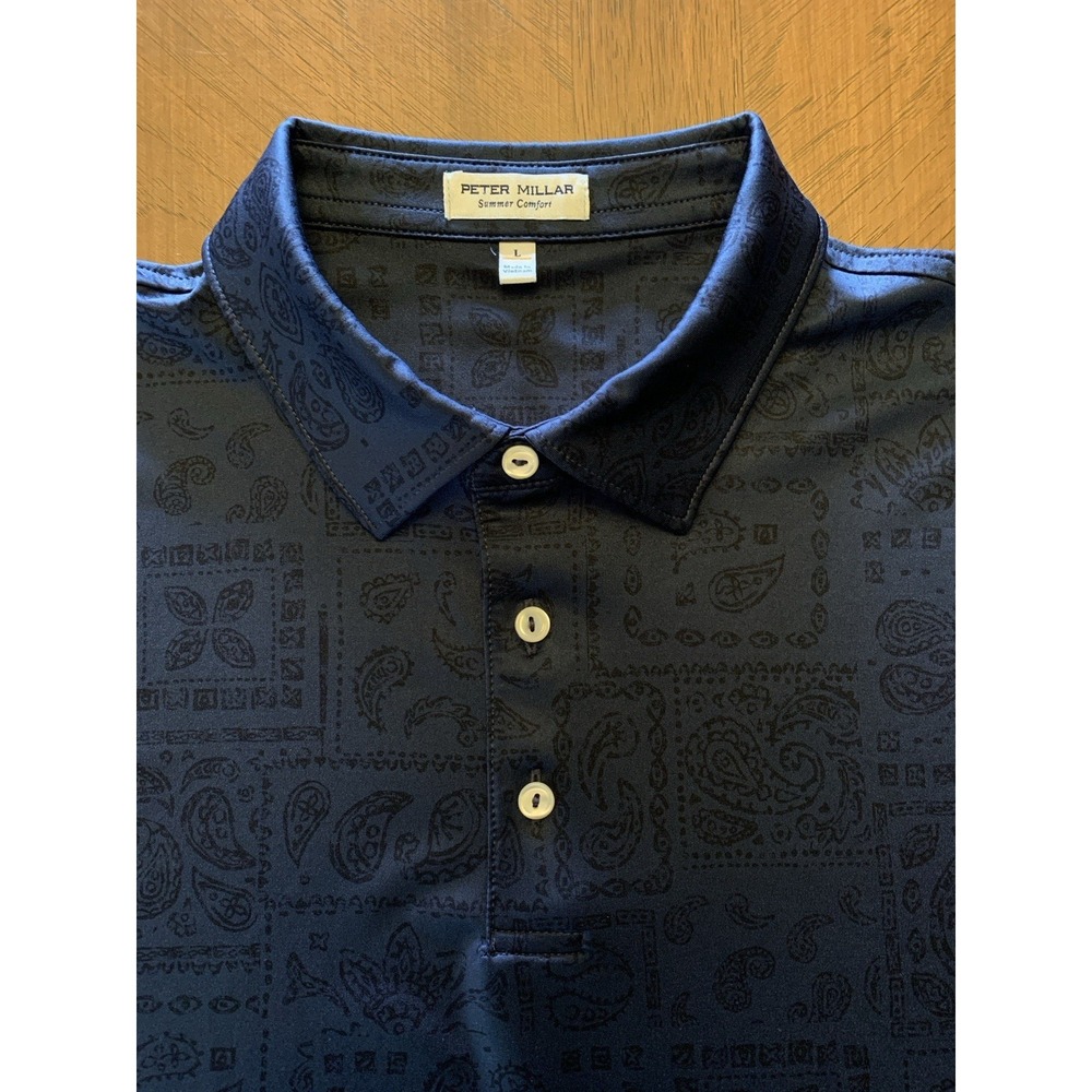 Peter Millar Summer Comfort Men's Polo L Short Sleeve Dark Blue Paisley - Picture 11 of 16